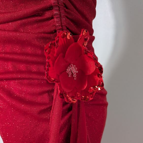 Vintage Prom Dress Maxi Gown M Red Y2K Strapless Mesh Ruffle Fairy Glam Stretch - Picture 6 of 12